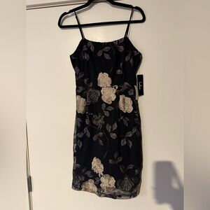 Lulu's Black Slip Dress with Cream Floral Embroidery